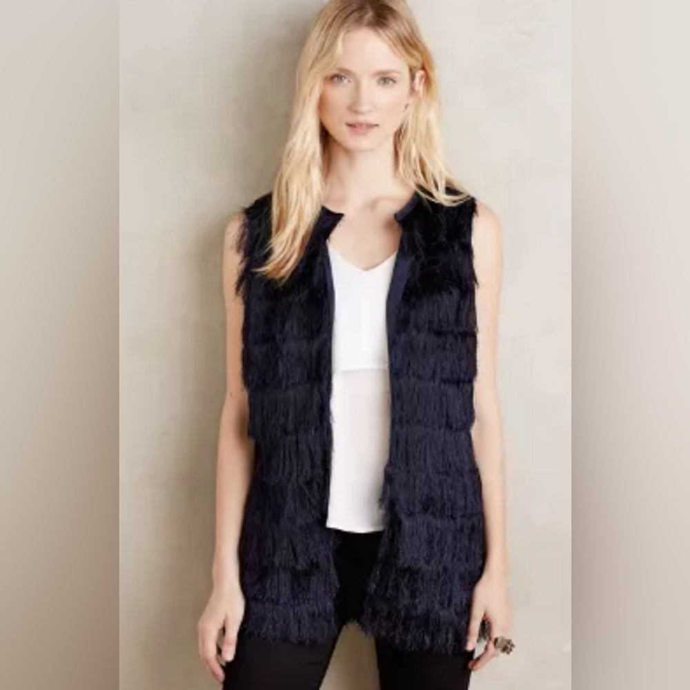 Anthropologie by Eva navy tiered fringe open vest